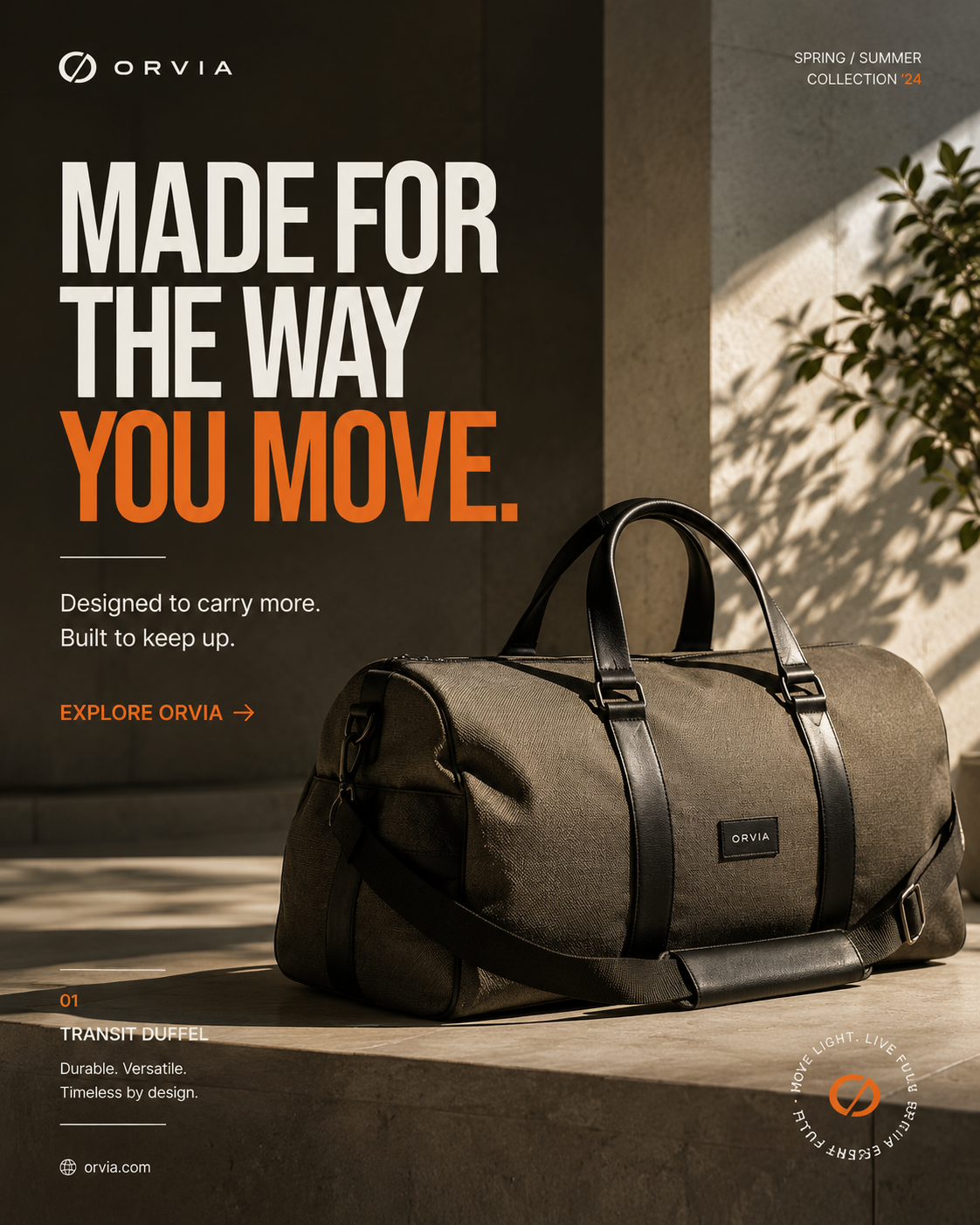 Orvia campaign visual featuring a premium travel duffel product and Spring Summer campaign typography.